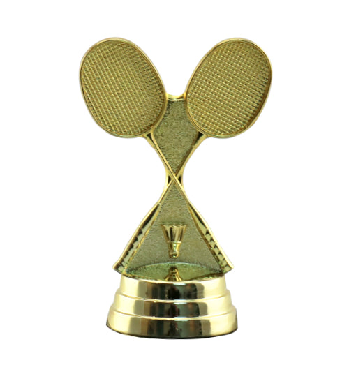 Crossed badminton rackets and shuttlecock , gold plastic figurine 80mm Tall