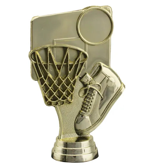 Gold basketball boot and net, plastic figurine Can be rotated to insert a 25mm dia. image/logo  120mm Tall