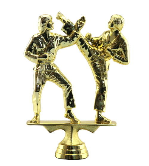 Pair of female karate fighters, gold plastic figurine 160mm Tall