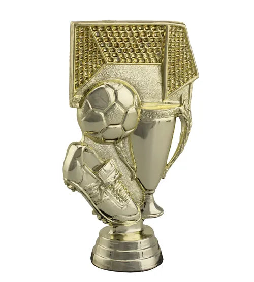 Football boot and trophy, gold plastic figurine Can be rotated to insert a 25mm dia. image/logo  120mm Tall