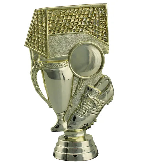 Football boot and trophy, gold plastic figurine Can be rotated to insert a 25mm dia. image/logo  120mm Tall